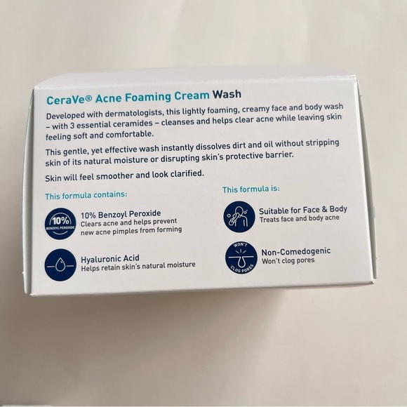 Cerave Acne Foaming Cream Wash 10% Benzoyl Peroxide Box of 15 Tubes 0.34 fl oz - Picture 4 of 6